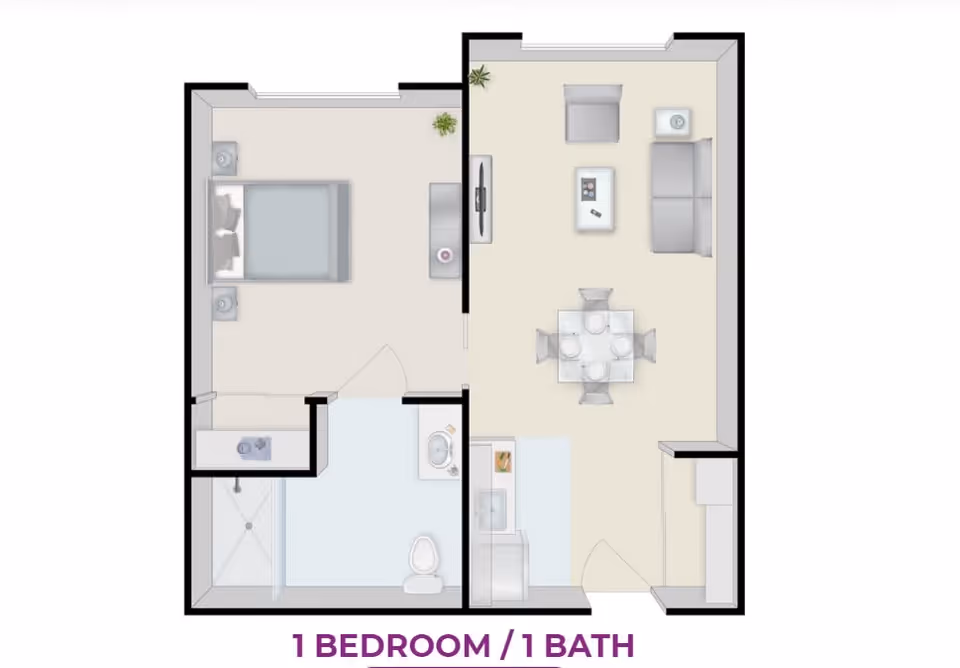 Floor plan of a one-bedroom, one-bath apartment showing a bedroom with a bed and nightstands, a bathroom with a shower, toilet, and sink, and a combined living and dining area with a sofa, armchair, coffee table, TV, and dining table with four chairs. There is also a small kitchen area near the entrance.