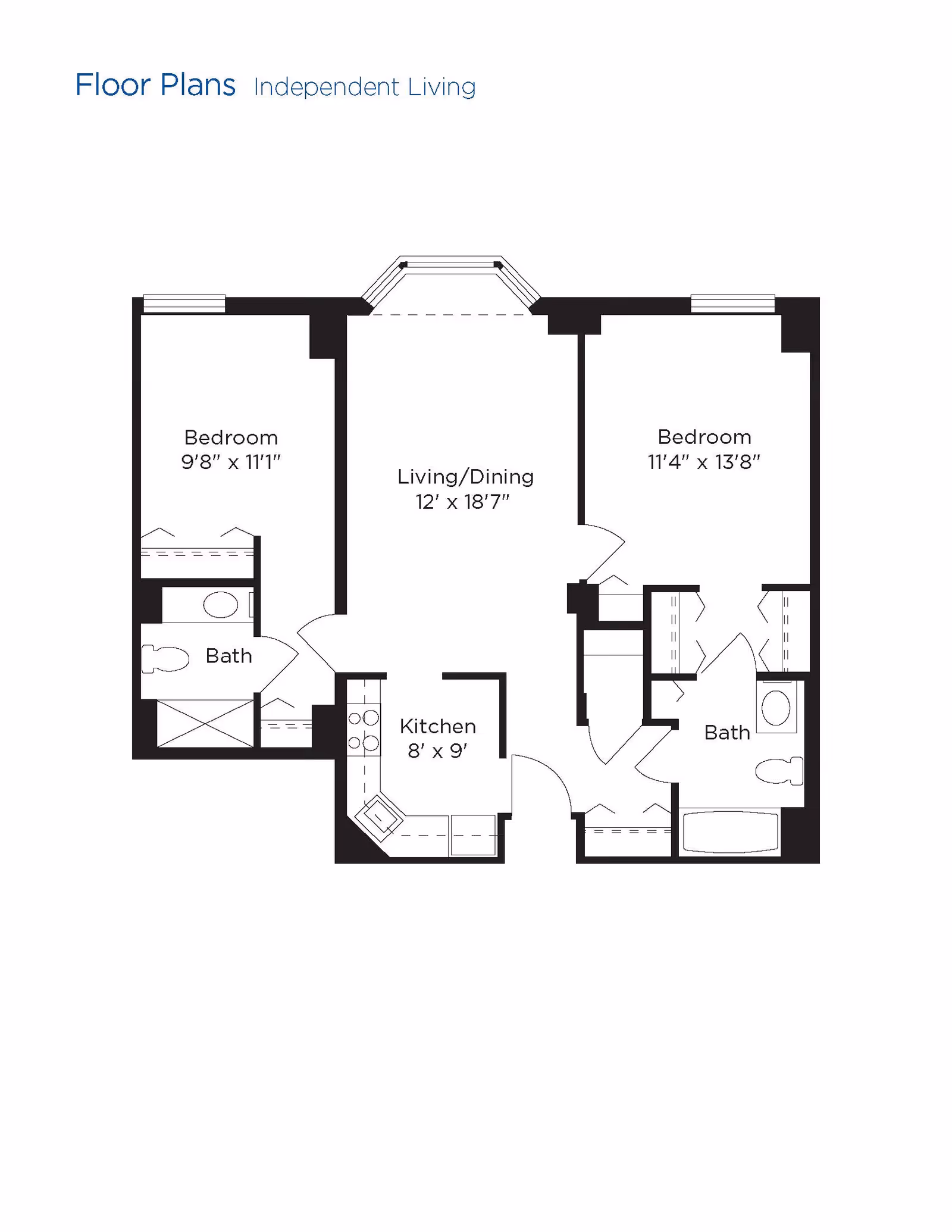 Floor plan for independent living at Activelife Retirement Co showing two bedrooms, two bathrooms, a kitchen, and a combined living/dining area with dimensions.
