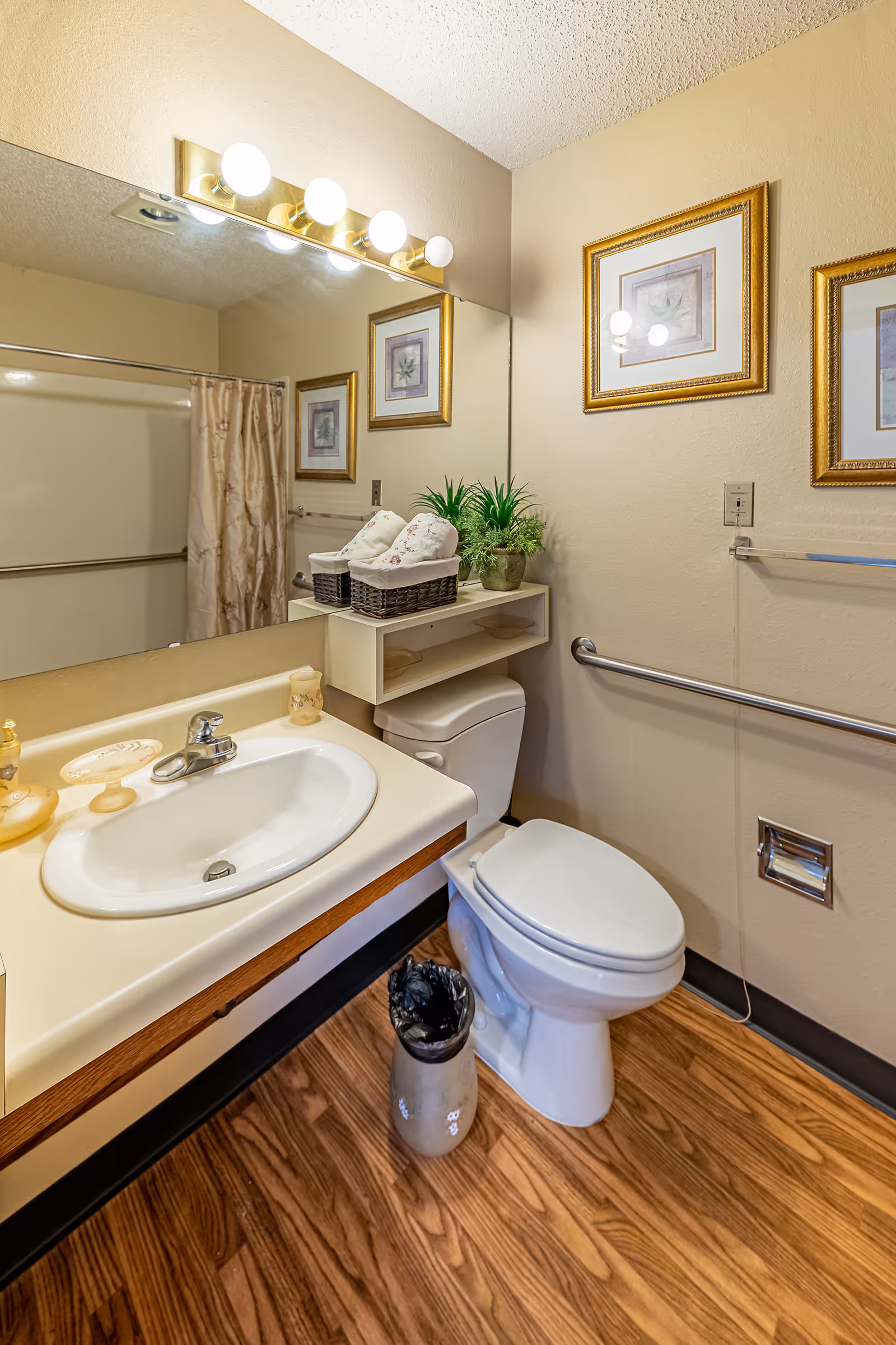 A clean bathroom with a white sink and countertop, a toilet, and a large mirror above the sink. The bathroom has beige walls with two framed pictures, a small shelf above the toilet holding two baskets with towels and a potted plant. There is a metal grab bar next to the toilet and a trash can on the wooden floor.