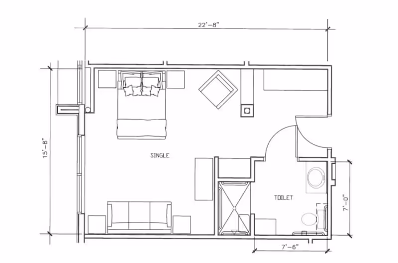 Architectural floor plan of a single room unit at The Carlyle House, showing a bedroom area with a bed, sofa, and small table, along with an attached bathroom labeled 'Toilet'. Dimensions of the room and bathroom are also indicated.