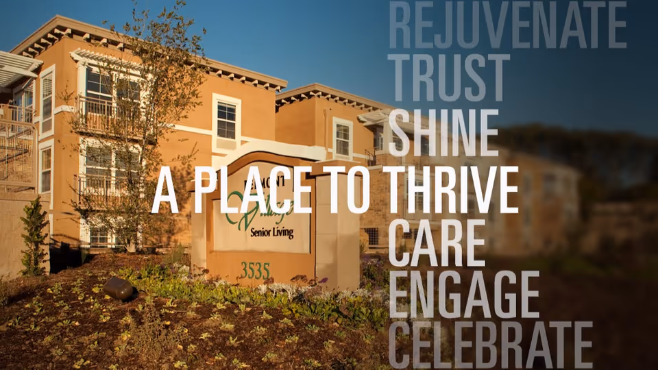 Exterior view of Belmont Village Senior Living Cardiff by the Sea building with a sign in front displaying the facility name and address 3535. The building is surrounded by landscaping and trees under a clear blue sky. Overlaid text reads: REJUVENATE TRUST SHINE A PLACE TO THRIVE CARE ENGAGE CELEBRATE.