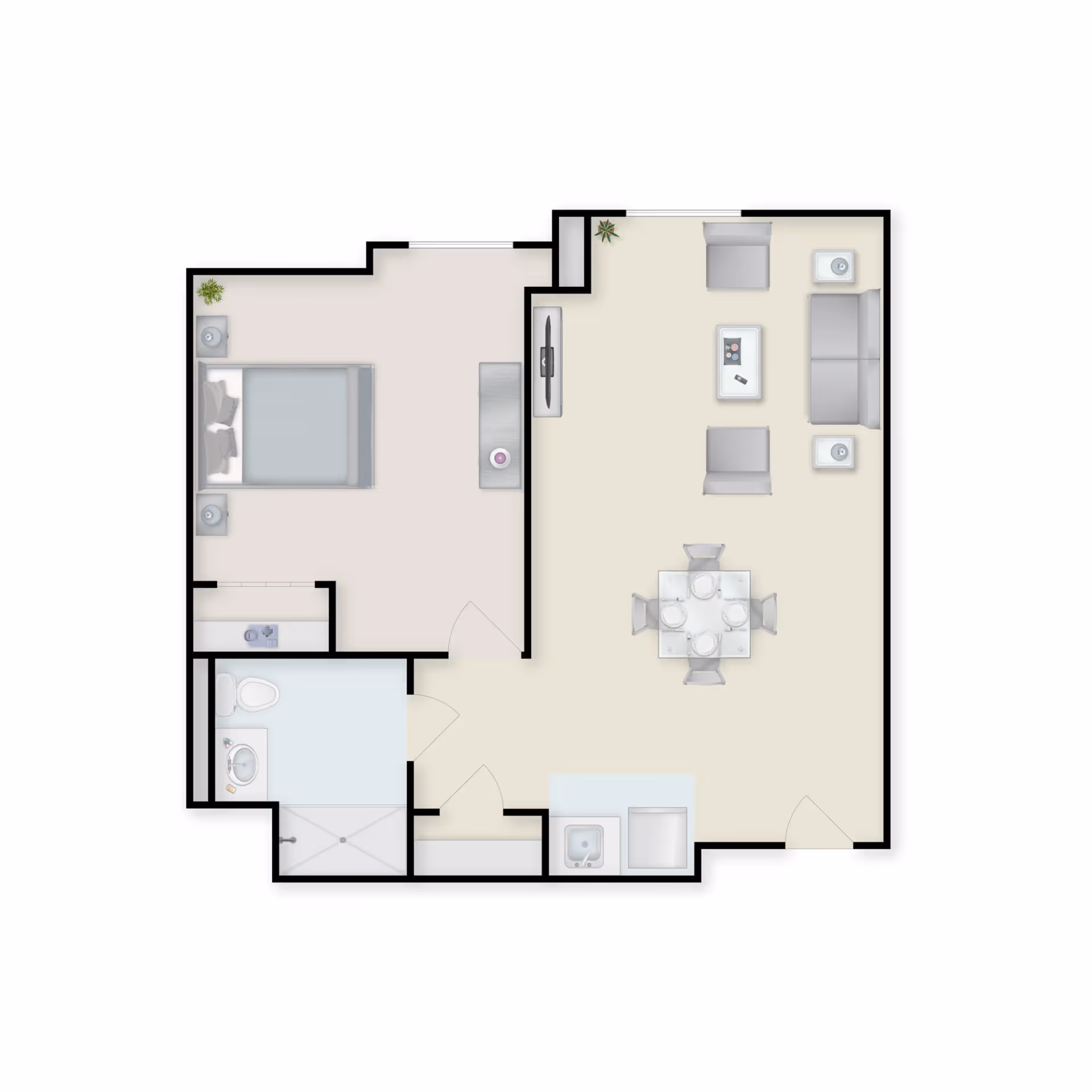 Floor plan of a senior living apartment showing a bedroom with a bed and nightstands, a bathroom with a toilet, sink, and shower, and a combined living and dining area with a sofa, two chairs, coffee table, TV, dining table with four chairs, and a small kitchenette area with a sink and appliances.