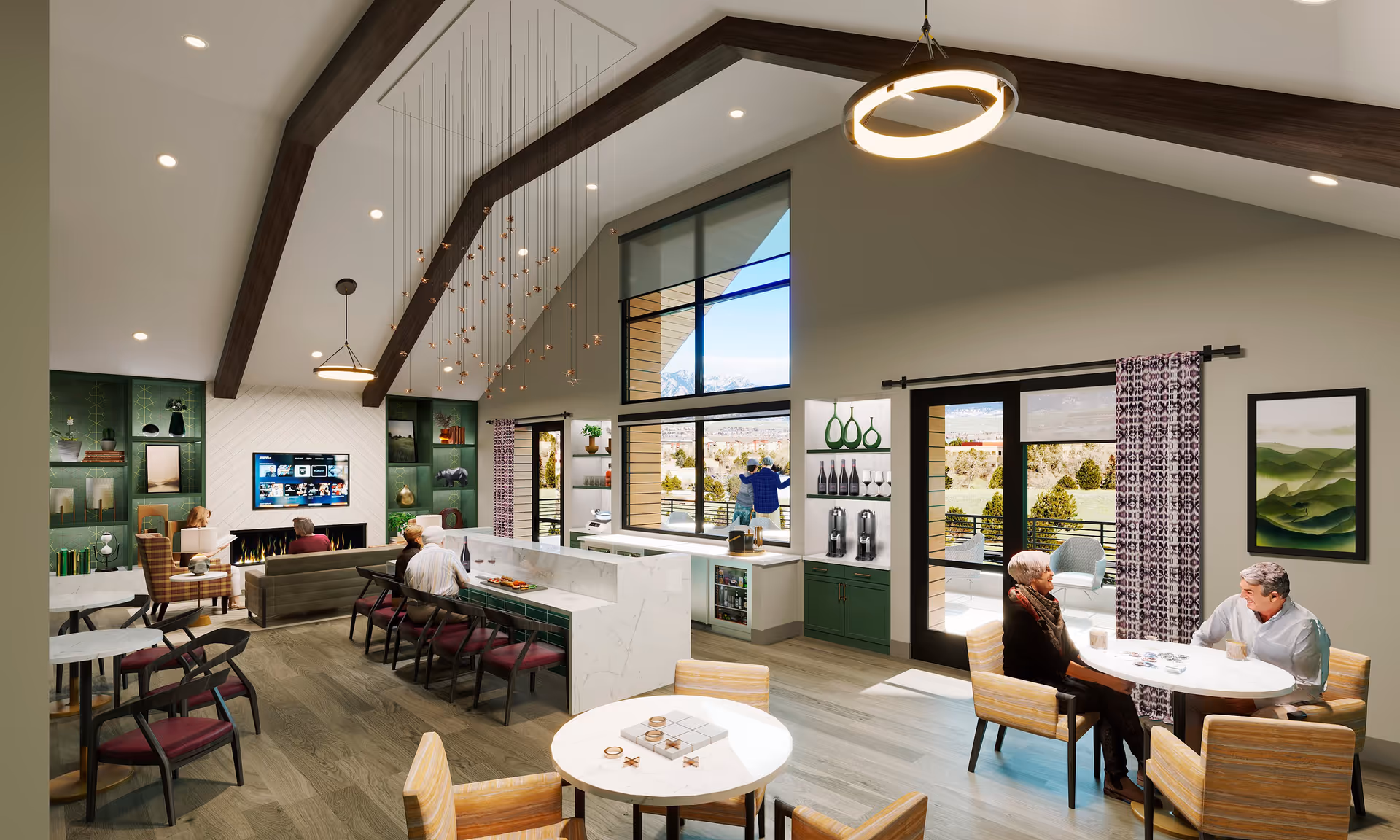 A spacious and bright senior living common area with high vaulted ceilings and wooden beams. The room features a seating area with a TV and fireplace, a long marble counter with bar stools, and several tables with chairs where seniors are sitting and engaging in activities. Large windows and glass doors provide a view of an outdoor patio and scenic landscape.