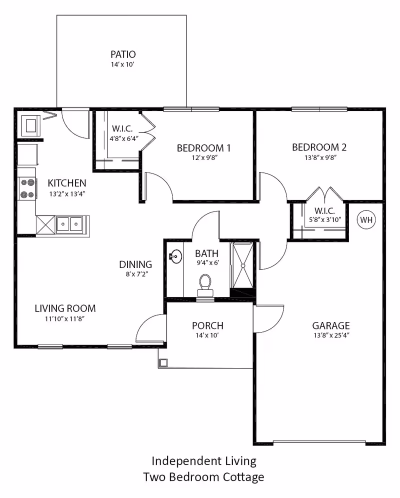 Architectural floor plan of an independent living two-bedroom cottage at Summit Place, showing a patio, kitchen, dining area, living room, two bedrooms each with walk-in closets, a bathroom, porch, and garage with dimensions.