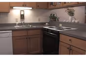 A kitchen area with wooden cabinets, a double sink, a black electric stove with four burners, a dishwasher, and a countertop decorated with a small plant and a teapot.
