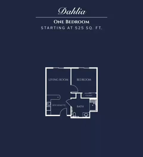 Floor plan labeled Dahlia showing a one-bedroom apartment layout with a living room, bedroom, kitchenette, bath, and closet, starting at 525 square feet.