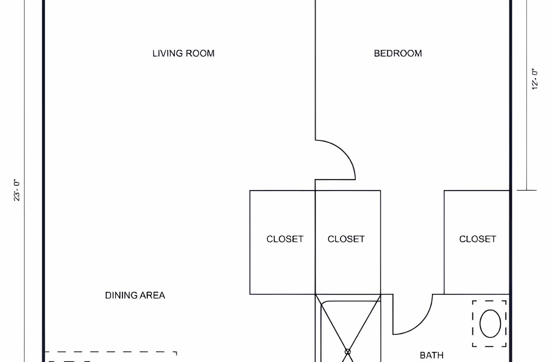 Architectural floor plan showing a layout with labeled areas including living room, bedroom, dining area, closets, and a bathroom.