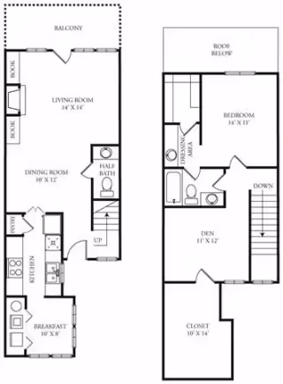 Architectural floor plan of a two-story residential unit at Cascade Creek showing layout of rooms including kitchen, breakfast area, dining room, living room with balcony, half bath on the first floor, and bedroom, den, dressing area, full bath, and closet on the second floor.