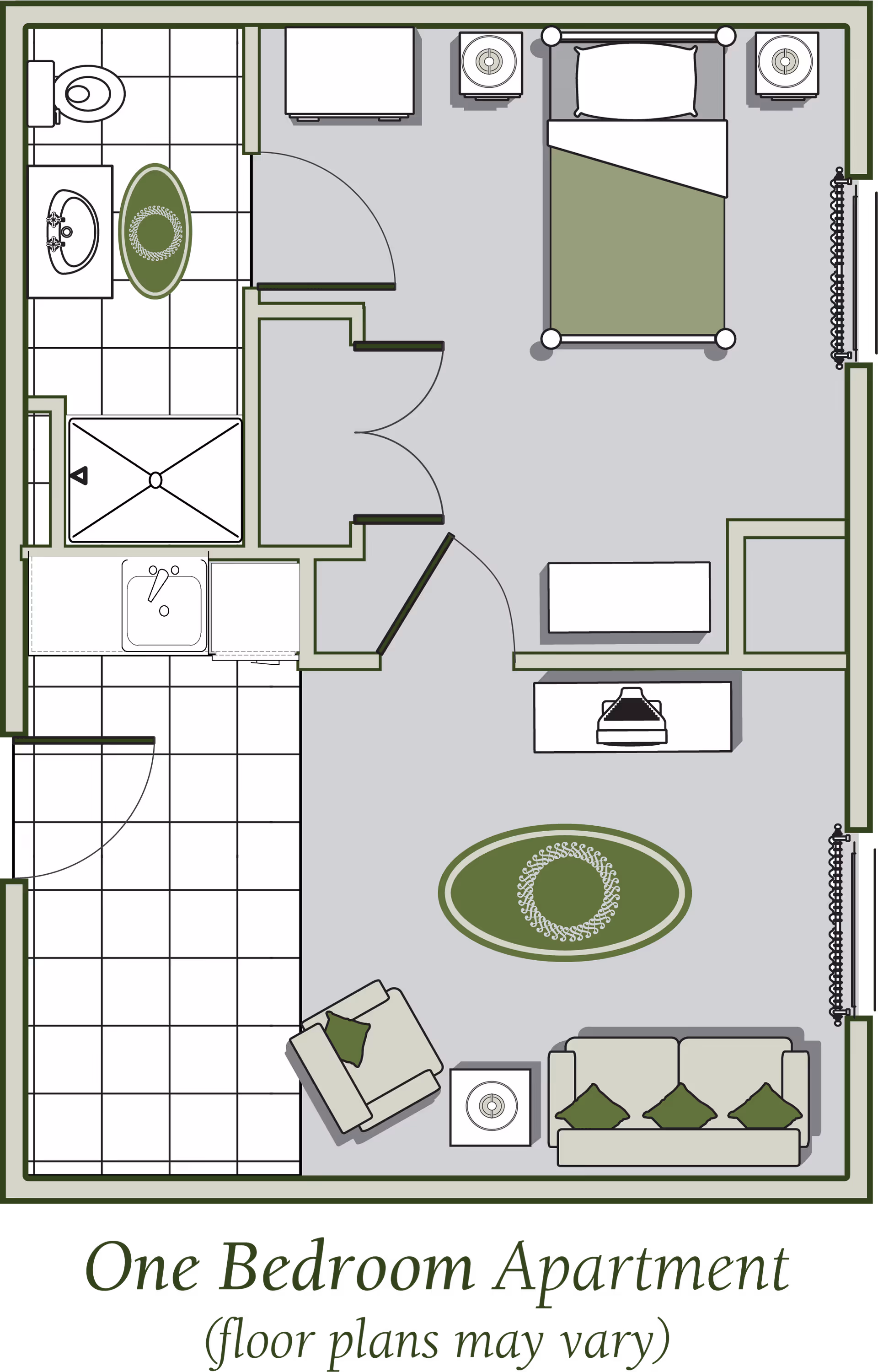 Floor plan of a one-bedroom apartment showing a bedroom with a bed and nightstands, a living room with a sofa, armchair, and coffee table, a bathroom with a toilet, sink, and shower, and a small kitchen area with a sink and counter space.