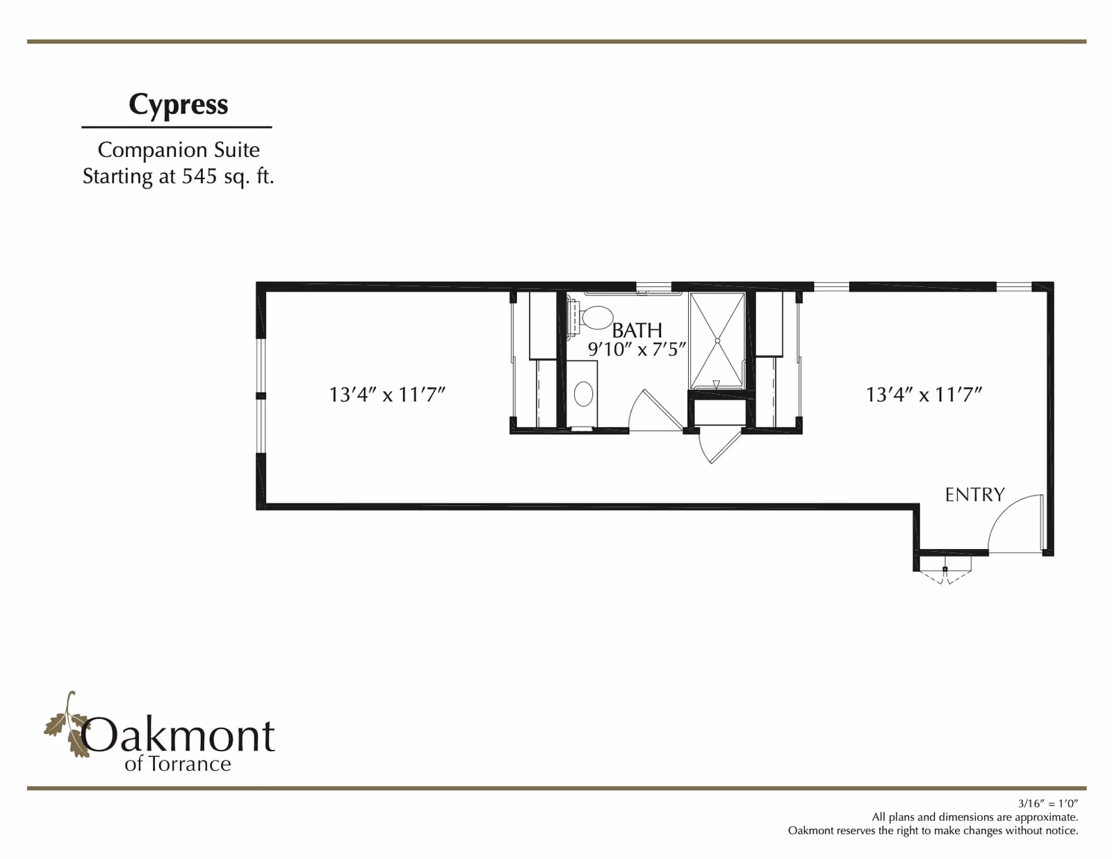 Floor plan of the Cypress Companion Suite at Oakmont of Torrance, starting at 545 square feet, showing two rooms each measuring 13'4" x 11'7", a bathroom measuring 9'10" x 7'5", and an entry area.