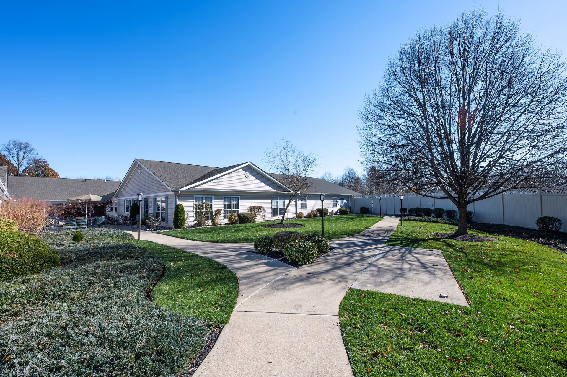 Outdoor view of Arden Courts - ProMedica Memory Care Community in Whippany showing a paved walkway splitting into two paths surrounded by green grass, bushes, and a large leafless tree. The single-story building with white siding and multiple windows is visible under a clear blue sky.