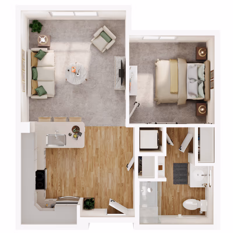 Top-down view of a one-bedroom apartment floor plan featuring a living room with a sofa, armchair, coffee table, and TV, a bedroom with a bed and nightstands, a kitchen with a sink, stove, and refrigerator, and a bathroom with a toilet, sink, and shower.
