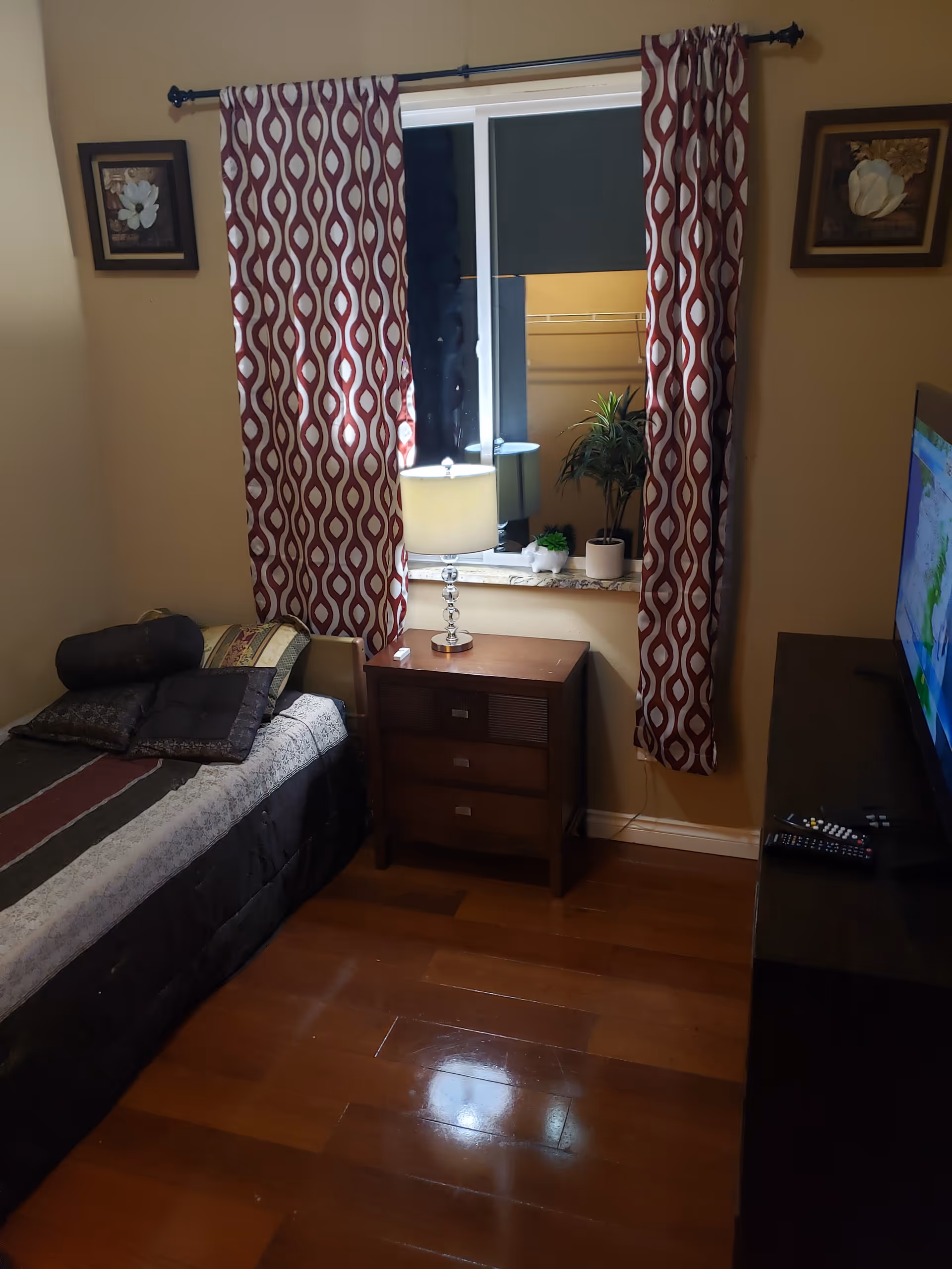 A small bedroom with a single bed covered in a patterned comforter and multiple pillows. Next to the bed is a wooden nightstand with a lamp and small potted plants on the windowsill above it. The window has red and white patterned curtains. On the right side, there is a TV on a stand with remote controls on top. The room has wooden flooring and two framed floral pictures on the walls.