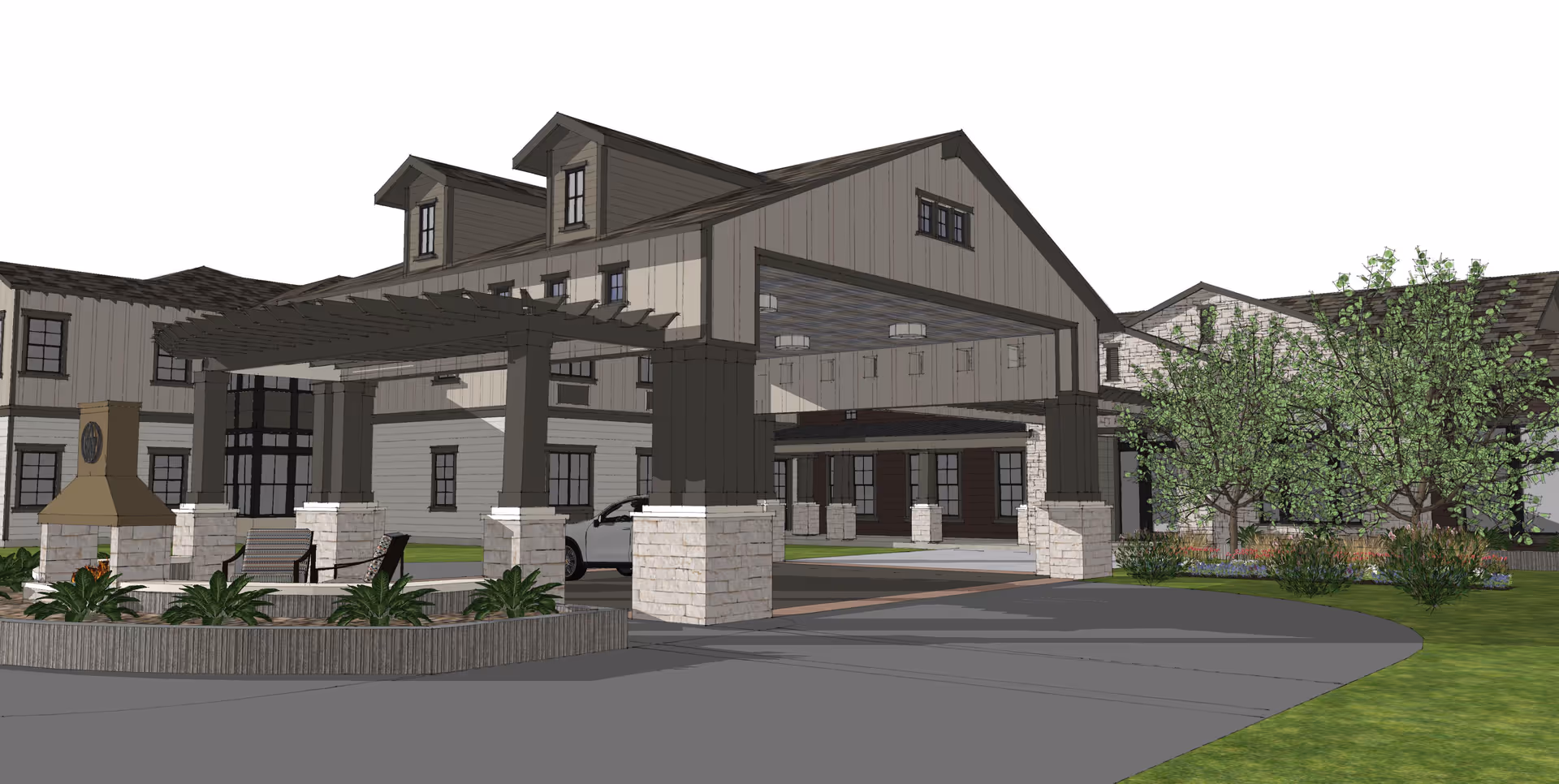 Exterior rendering of a senior living facility entrance with a covered porte-cochere, pergola seating area, and landscaped grounds.