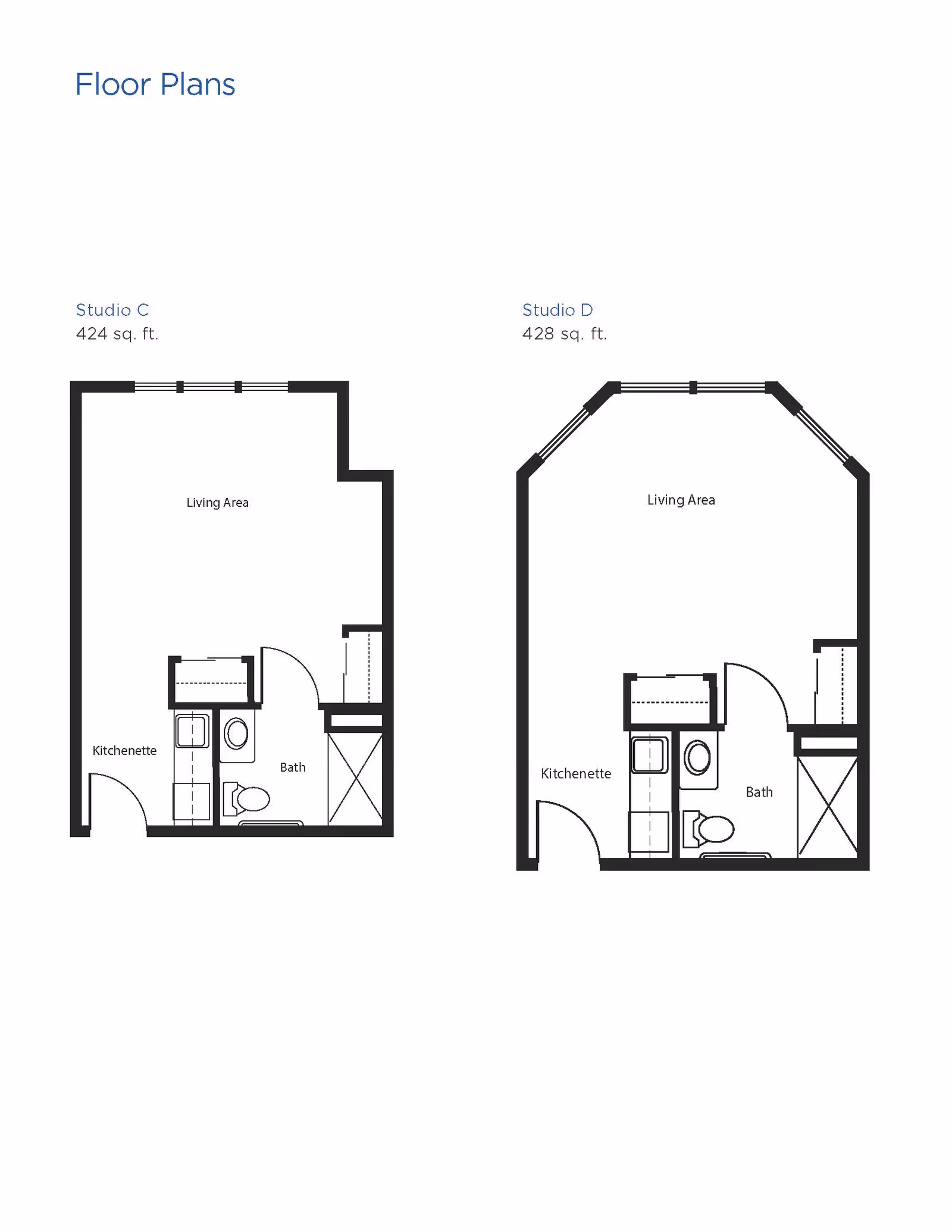 Floor plans for two studio apartments labeled Studio C and Studio D. Studio C is 424 square feet and includes a living area, kitchenette, and bath. Studio D is 428 square feet and includes a living area, kitchenette, and bath with a slightly different layout and angled walls in the living area.