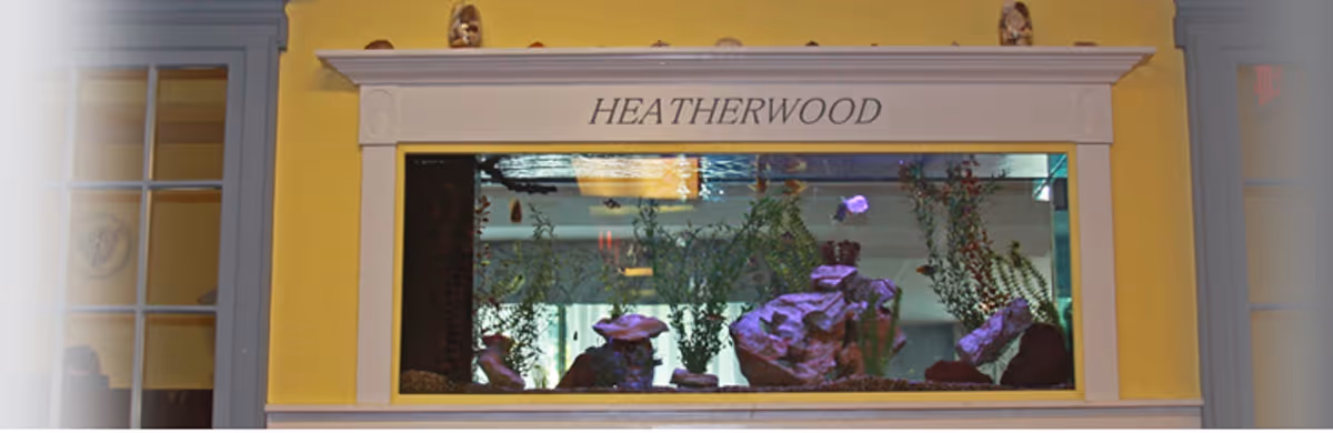 A large built-in aquarium with various rocks and plants inside, set into a yellow wall with white trim. Above the aquarium, the word 'HEATHERWOOD' is displayed in capital letters. Reflections of ceiling lights and room elements are visible on the aquarium glass.