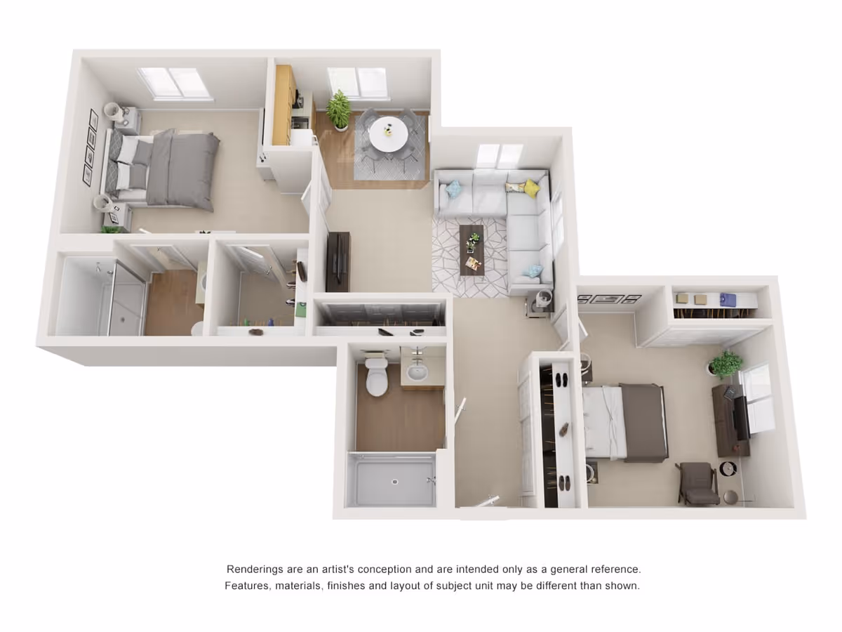 3D rendered two-bedroom apartment floor plan showing a living room, dining/kitchen area, two bedrooms and a bathroom.