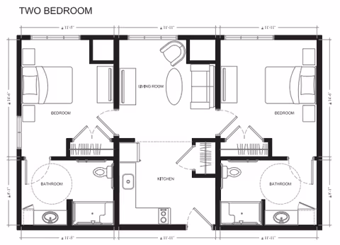 Architectural floor plan of a two-bedroom assisted living unit showing two bedrooms, two bathrooms, a kitchen, and a living room area with furniture layout and dimensions.