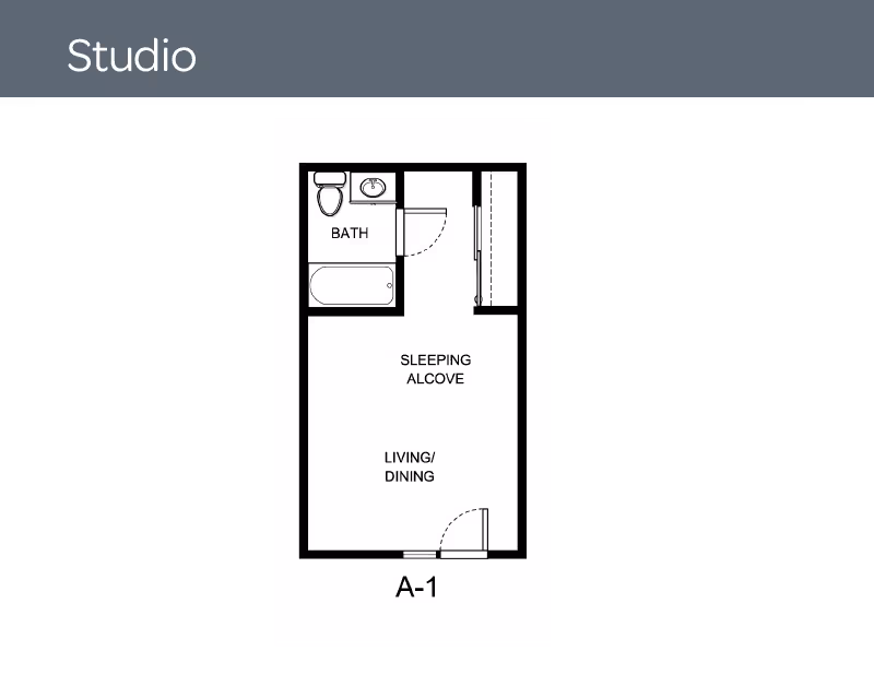 Black-and-white studio apartment floor plan labeled A-1 showing a living/dining area, sleeping alcove, bathroom, and entry.