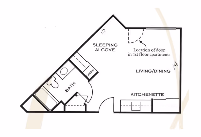 Black-and-white floor plan of a studio apartment showing a sleeping alcove, living/dining area, kitchenette, and bathroom.