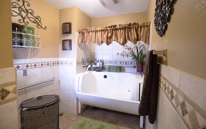 Accessible tiled bathroom featuring a white walk-in bathtub with a grab bar, towel racks, patterned tile border, and decorative accents.