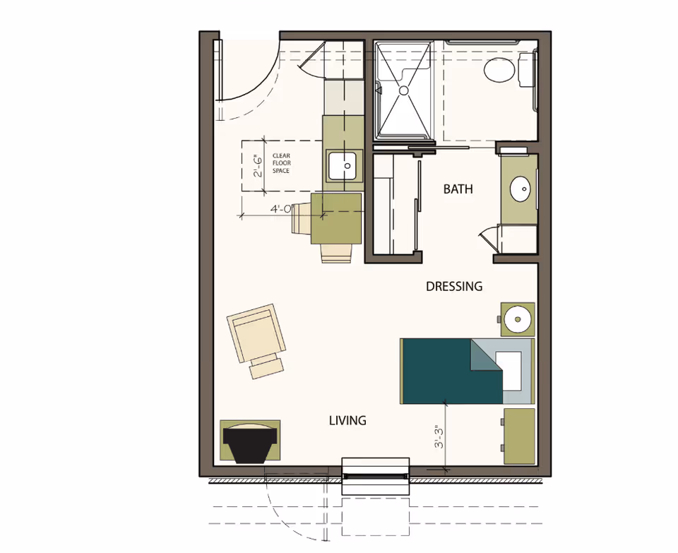 Architectural floor plan of a small living space including a living area with a chair and TV, a dressing area with a bed and dresser, a bathroom with a shower, toilet, and sink, and a kitchenette with a sink and counter space.