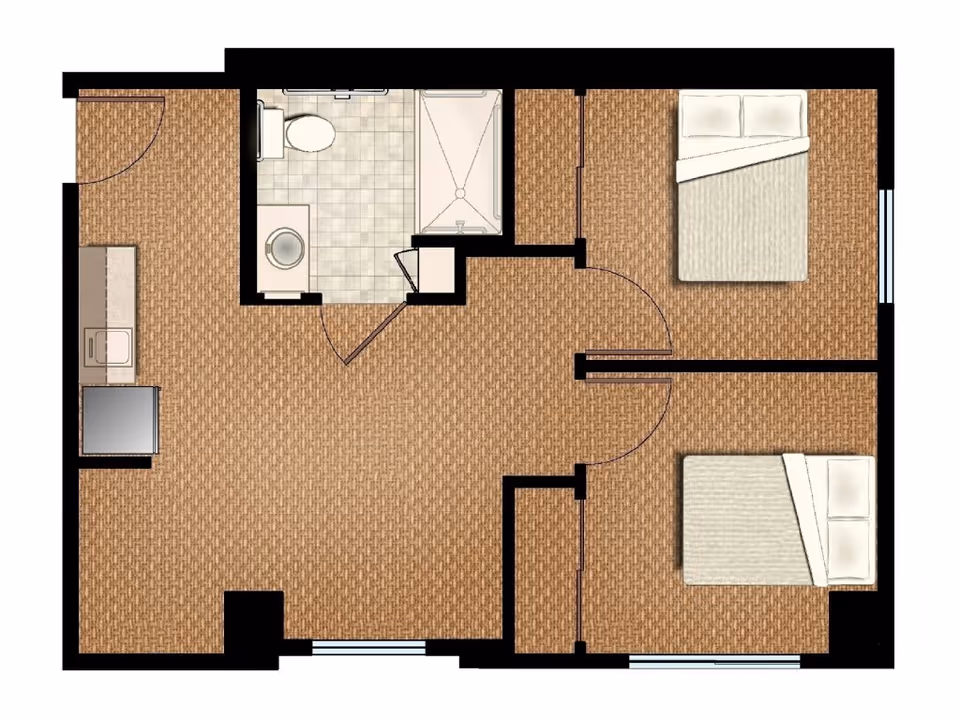 Floor plan of an assisted living apartment featuring two bedrooms, one bathroom with a shower, and a kitchen area with a sink and stove.