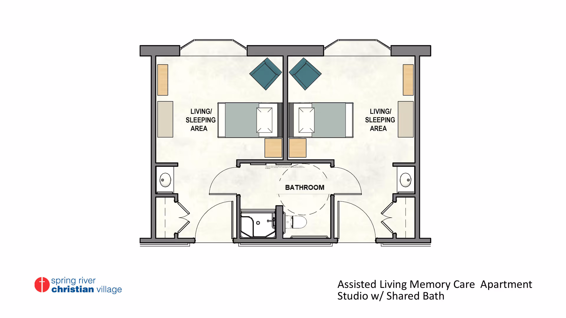 Floor plan showing two mirrored studio apartments with a shared central bathroom.