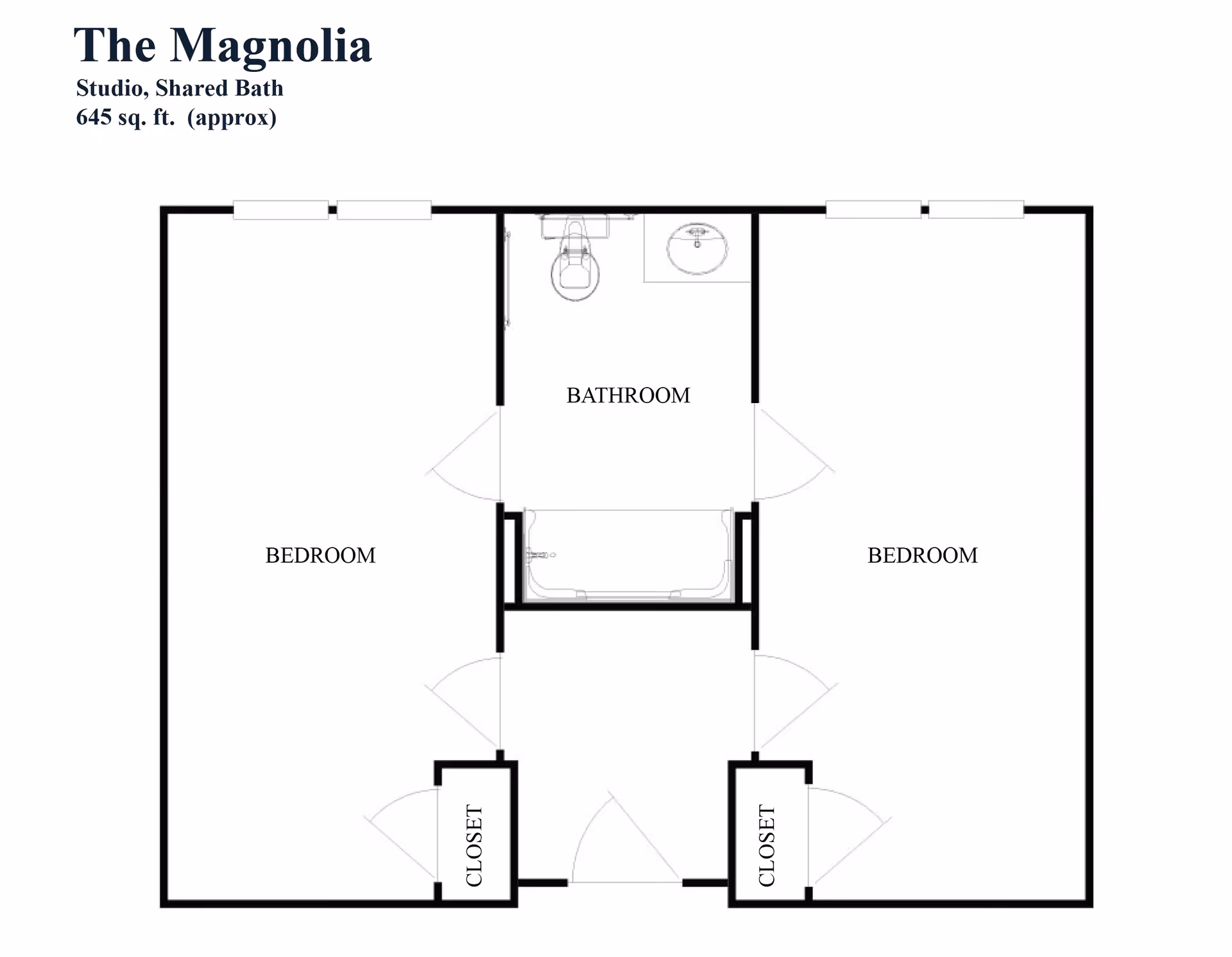 Floor plan titled The Magnolia, a studio with shared bath, approximately 645 square feet. The layout shows two bedrooms, each with a closet, and a shared bathroom in the center with a toilet, sink, and bathtub.