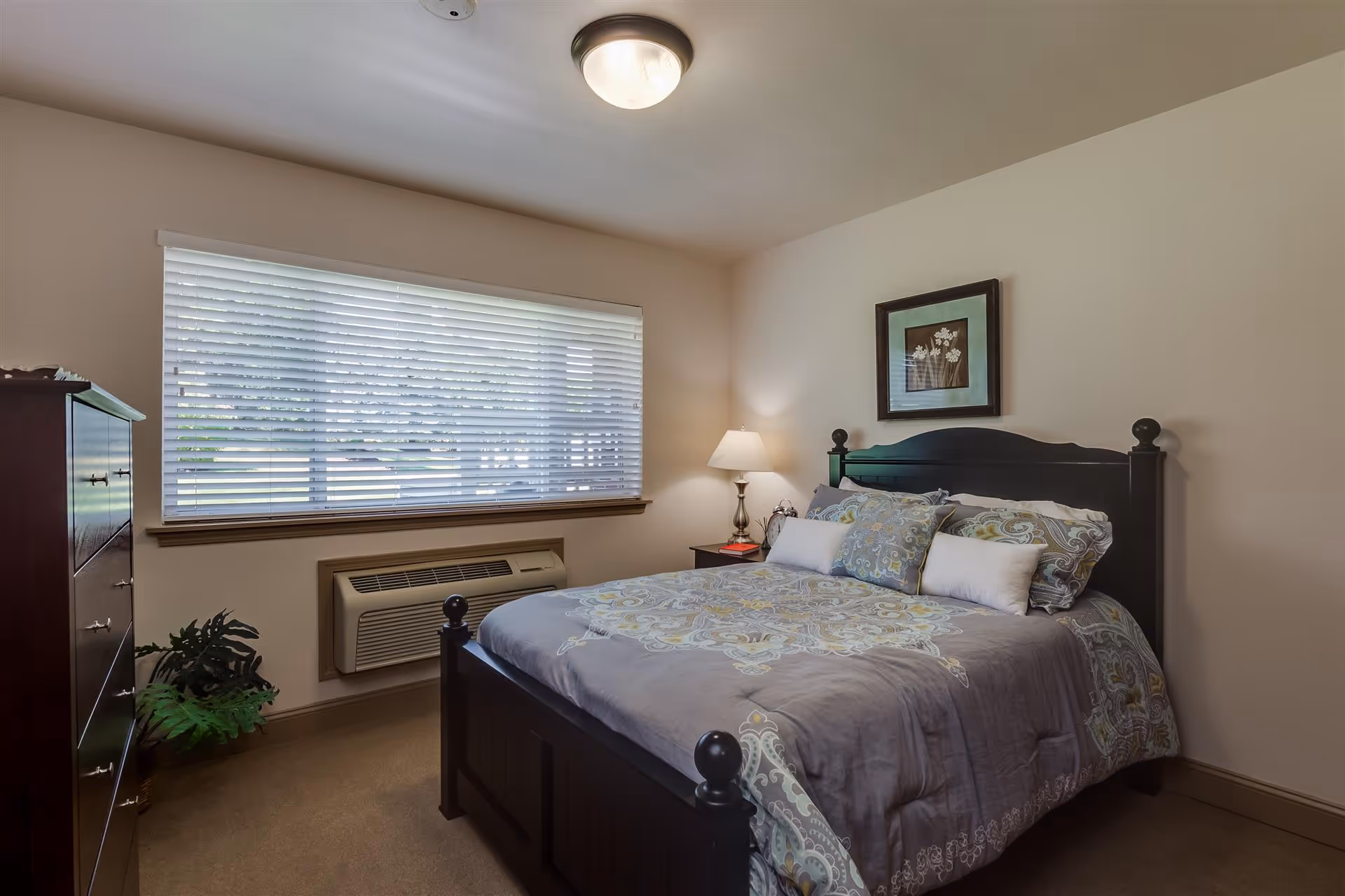 A cozy bedroom with a large window covered by white blinds, a dark wooden bed frame with a patterned gray and blue comforter and multiple pillows, a nightstand with a lamp and a book, a dark wooden dresser, and a small green plant in the corner.
