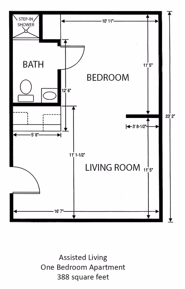 Floor plan of an assisted living one-bedroom apartment showing a bedroom, living room, and bathroom with a step-in shower. Dimensions of each room and overall apartment size of 388 square feet are indicated.