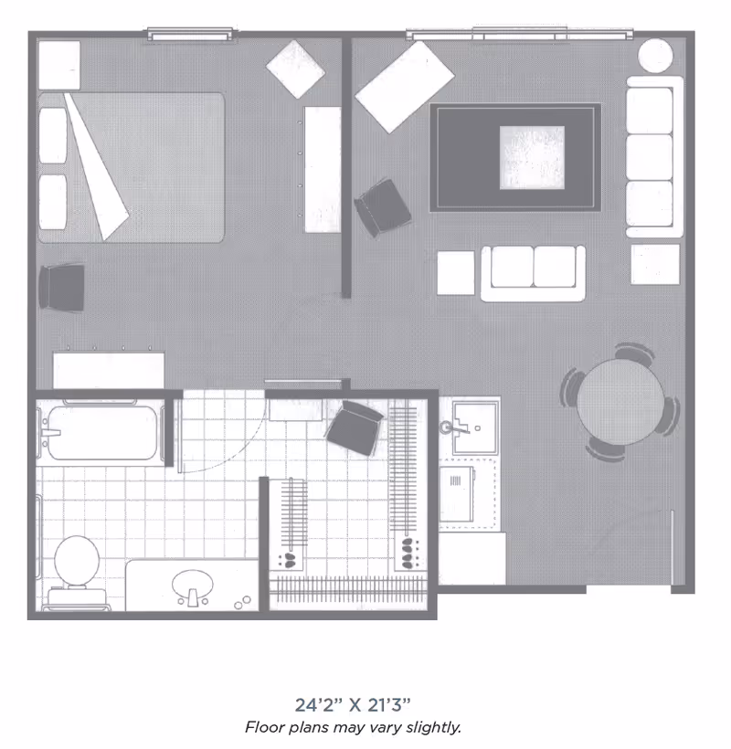 Floor plan of a one-bedroom apartment showing a bedroom with a bed and chair, a living room with sofas, chairs, and a coffee table, a dining area with a round table and four chairs, a kitchen with a sink and counter, a bathroom with a bathtub, toilet, and sink, and a closet area with shelving.