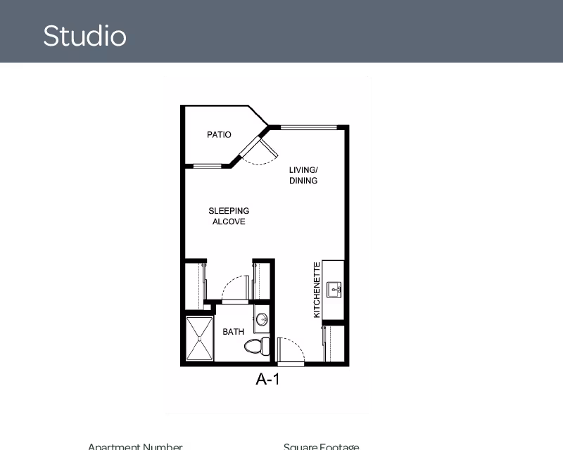 Black-and-white floor plan for a studio apartment showing a sleeping alcove, living/dining area, kitchenette, bath and patio labeled A-1.