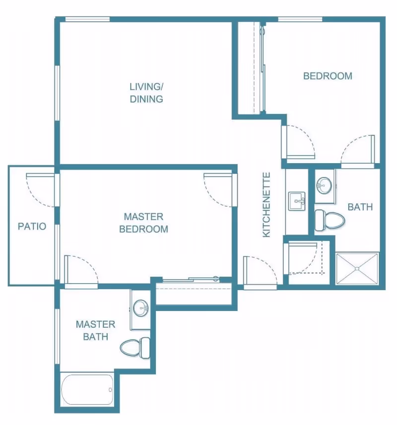 Architectural floor plan of a residential unit at Holiday Warburton Place showing a master bedroom with attached master bath, a second bedroom, a bath, a kitchenette, a living/dining area, and a patio.