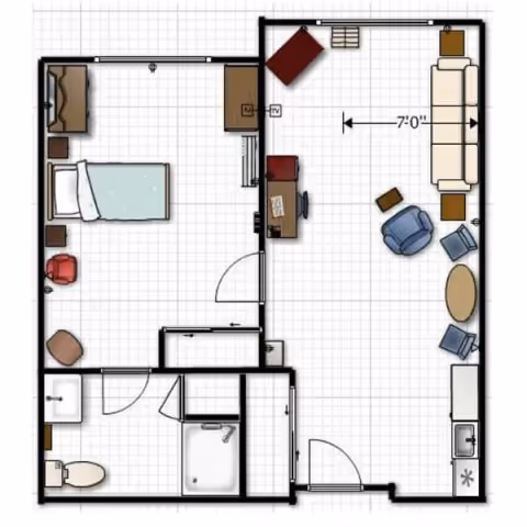 A floor plan drawing of a one-bedroom senior living unit, showing a bedroom, bathroom, kitchen and living/dining area.