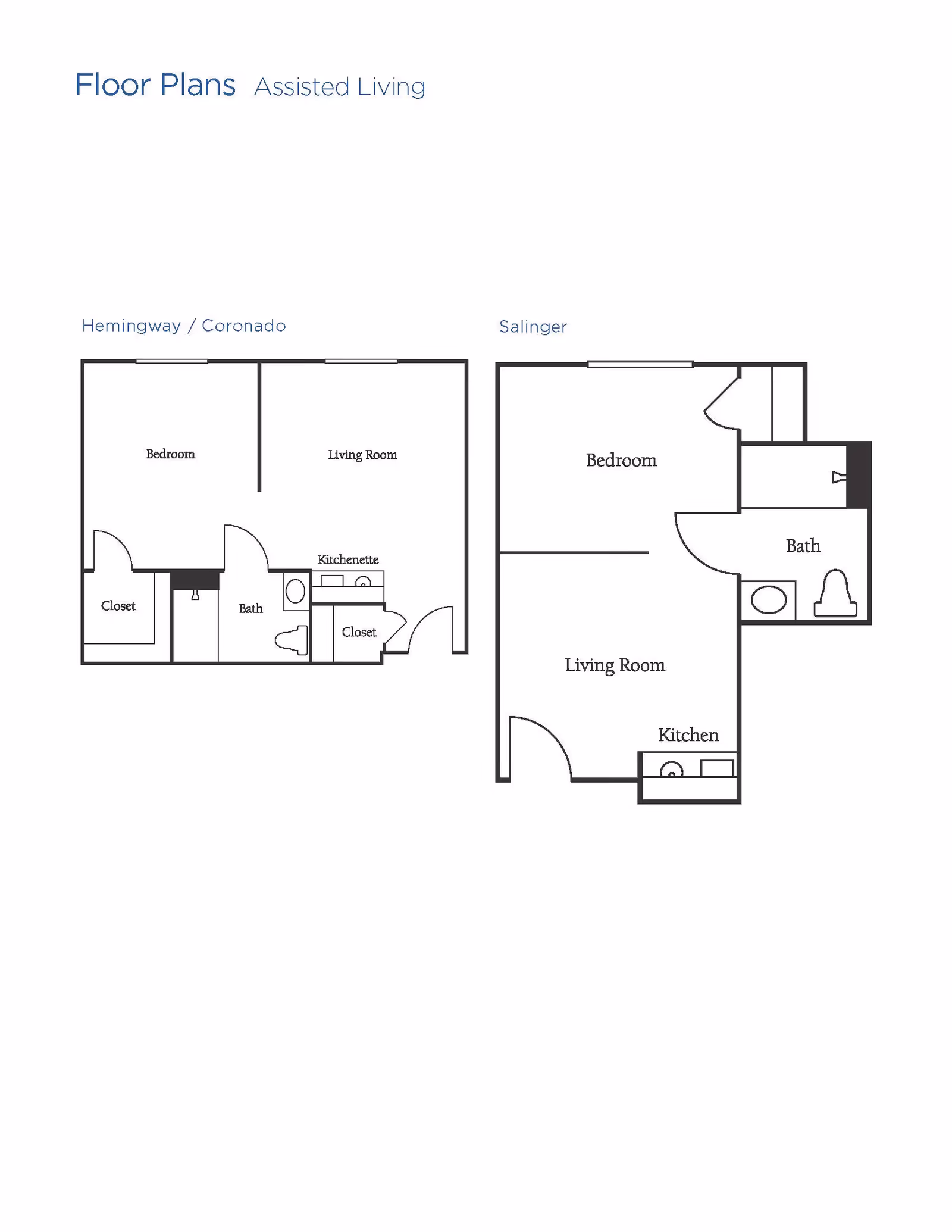 Floor plans for assisted living units named Hemingway / Coronado and Salinger. Both plans show a bedroom, living room, bathroom, and kitchen or kitchenette areas with closets.