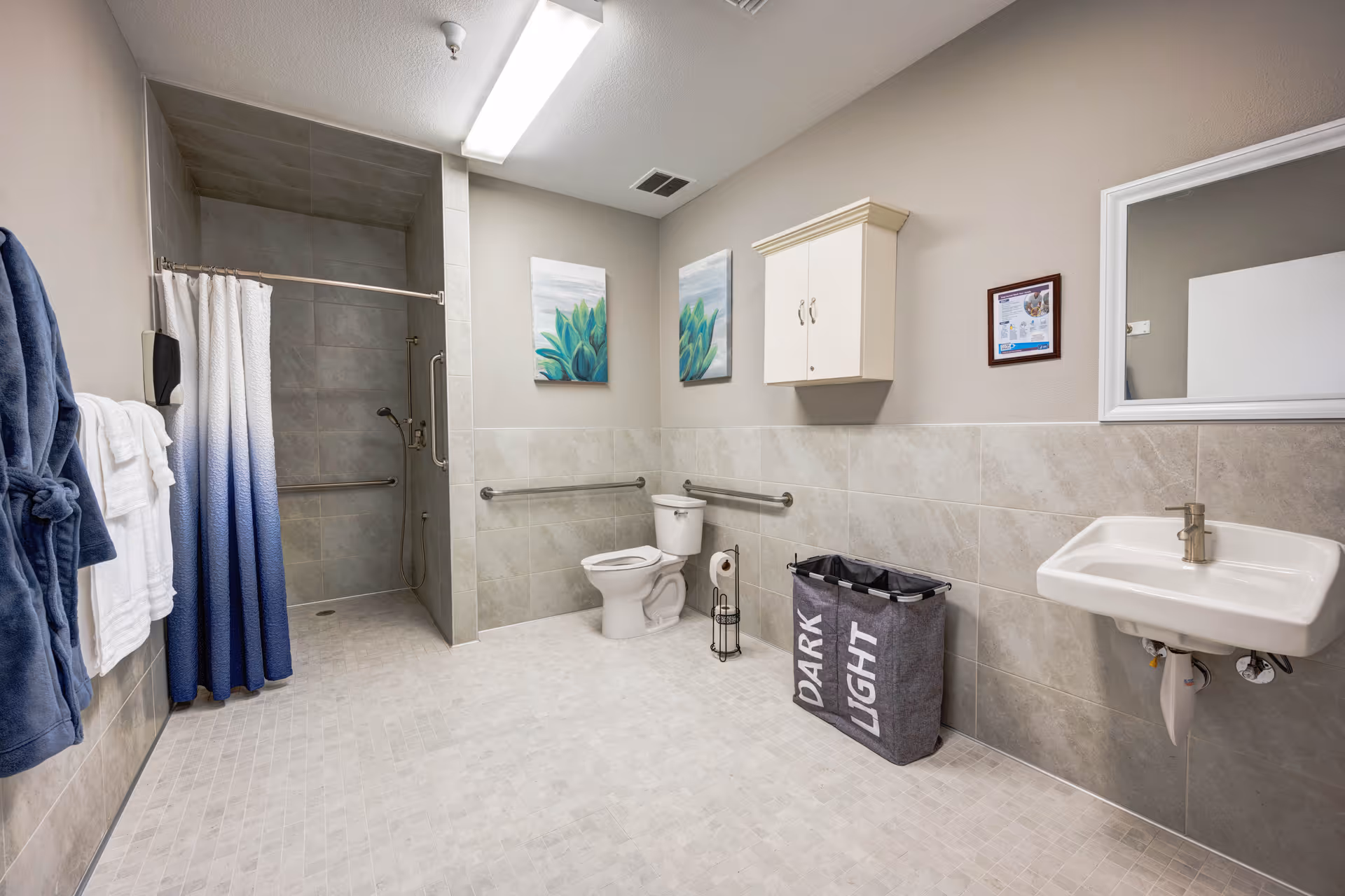 A spacious, accessible bathroom with a walk-in tiled shower with grab bars and a blue and white ombre shower curtain. The room features a white toilet with grab bars, a white wall-mounted sink with a mirror above it, a laundry hamper labeled 'DARK' and 'LIGHT', and two blue and green plant-themed paintings on the wall. There are also blue and white towels hanging on the wall and a small white cabinet mounted above the toilet.