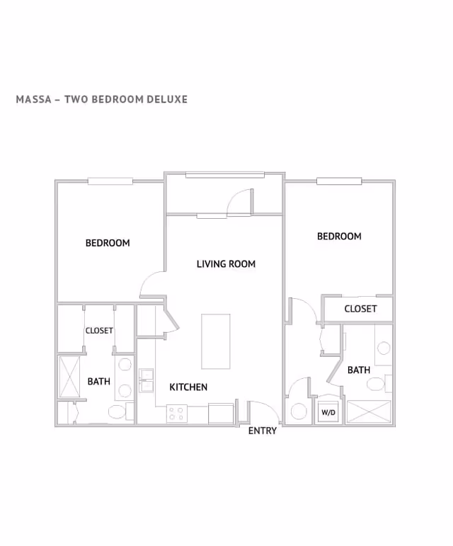 Black-and-white floor plan titled 'MASSA - TWO BEDROOM DELUXE' showing two bedrooms, two bathrooms, a kitchen, living room, closets, and an entry.