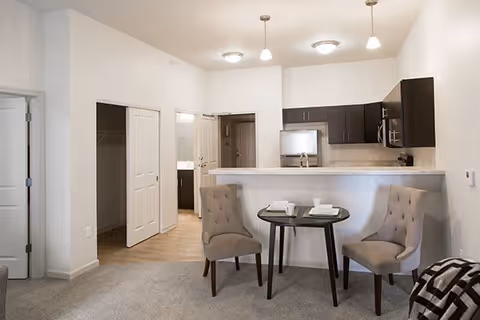 Interior view of a senior living apartment showing a small dining area with two upholstered chairs and a round table set with plates and cups. Behind the dining area is a kitchen with dark cabinets, a refrigerator, microwave, and a countertop bar. The room has light-colored walls and carpeted flooring, with an open doorway leading to another room.