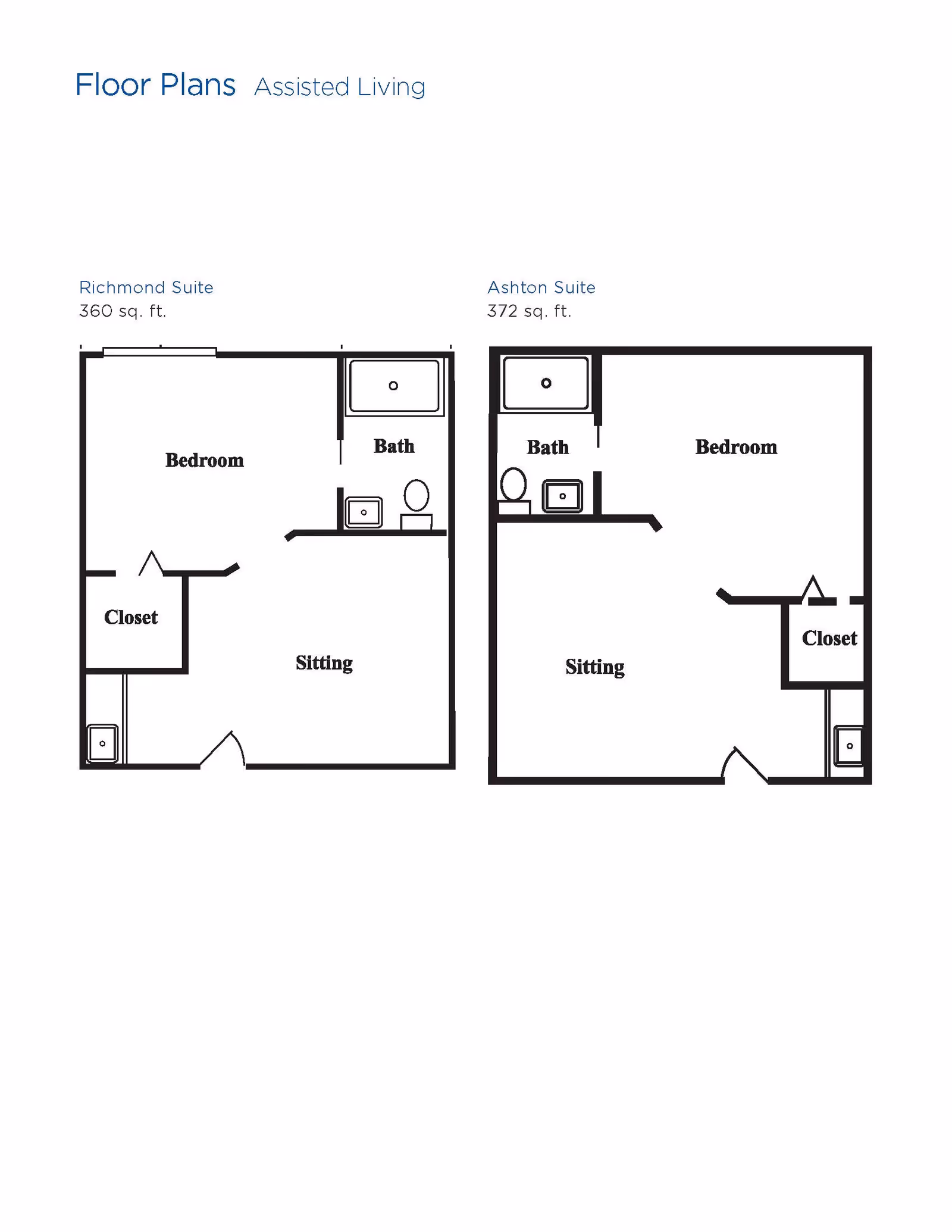 Floor plans for two assisted living suites at Brookdale Sandy Springs. The Richmond Suite is 360 sq. ft. and includes a bedroom, bath, sitting area, and closet. The Ashton Suite is 372 sq. ft. and includes a bedroom, bath, sitting area, and closet. Both layouts show the arrangement of rooms and fixtures.