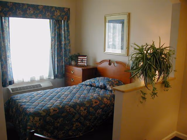 A small bedroom with a single bed covered in a blue floral quilt. Next to the bed is a wooden nightstand with a small plant and a decorative item. A window with floral curtains lets in natural light. A framed picture hangs on the wall above the bed, and a green potted plant is placed on a half wall divider.