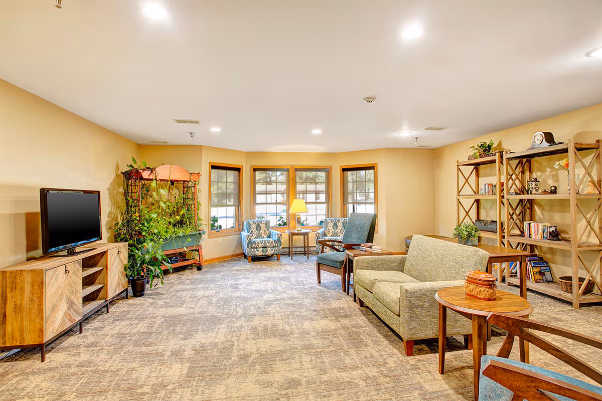 Bright communal living room with sofas, armchairs, a TV on a wooden cabinet, bookshelves, and plants near windows.