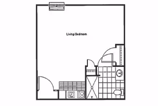 Black and white architectural floor plan of a studio apartment with a combined living and bedroom area, a kitchen along one wall, and a bathroom with a shower, sink, and toilet.
