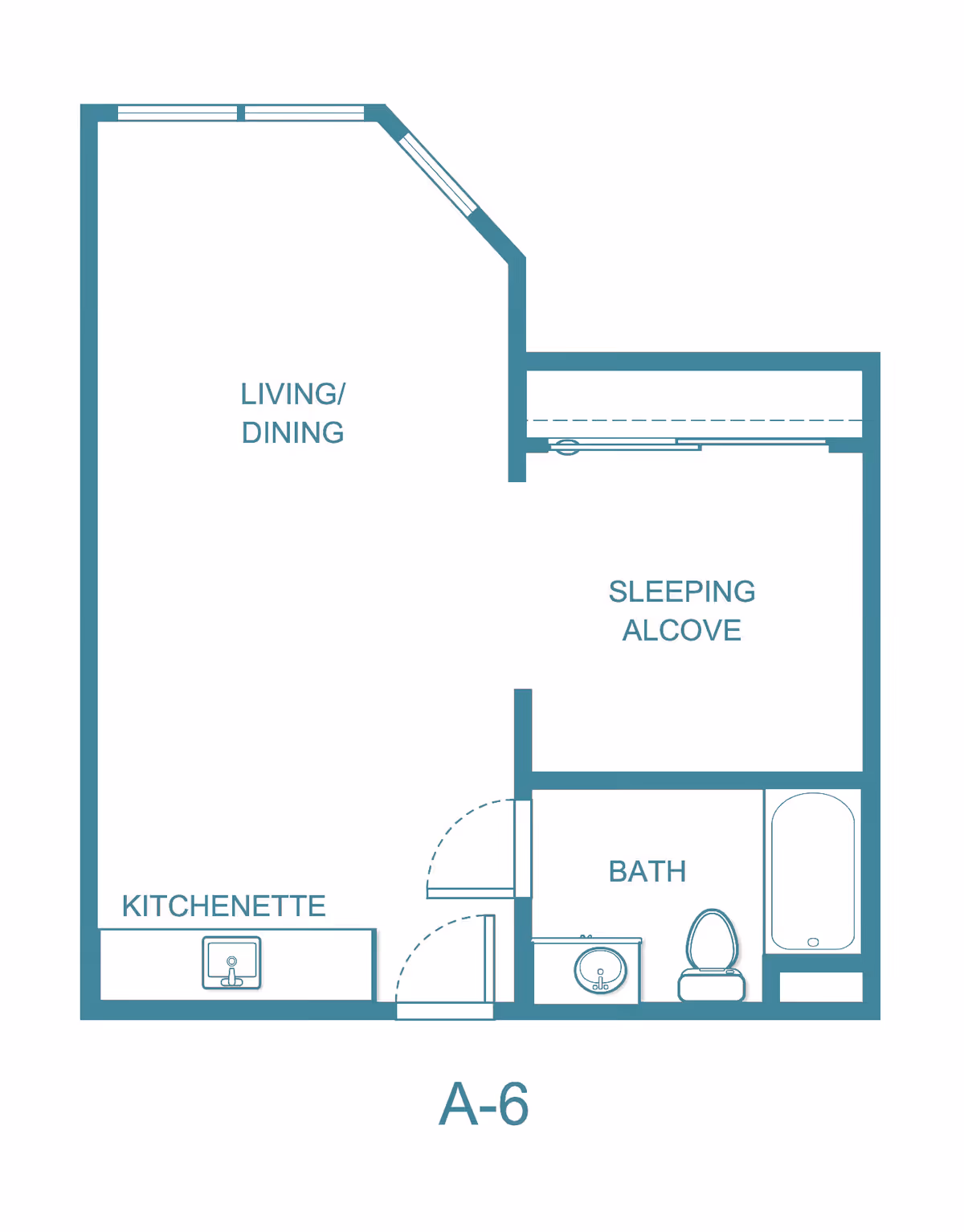 Floor plan labeled A-6 showing a living/dining area, kitchenette, sleeping alcove, and a bathroom with a sink, toilet, and bathtub.