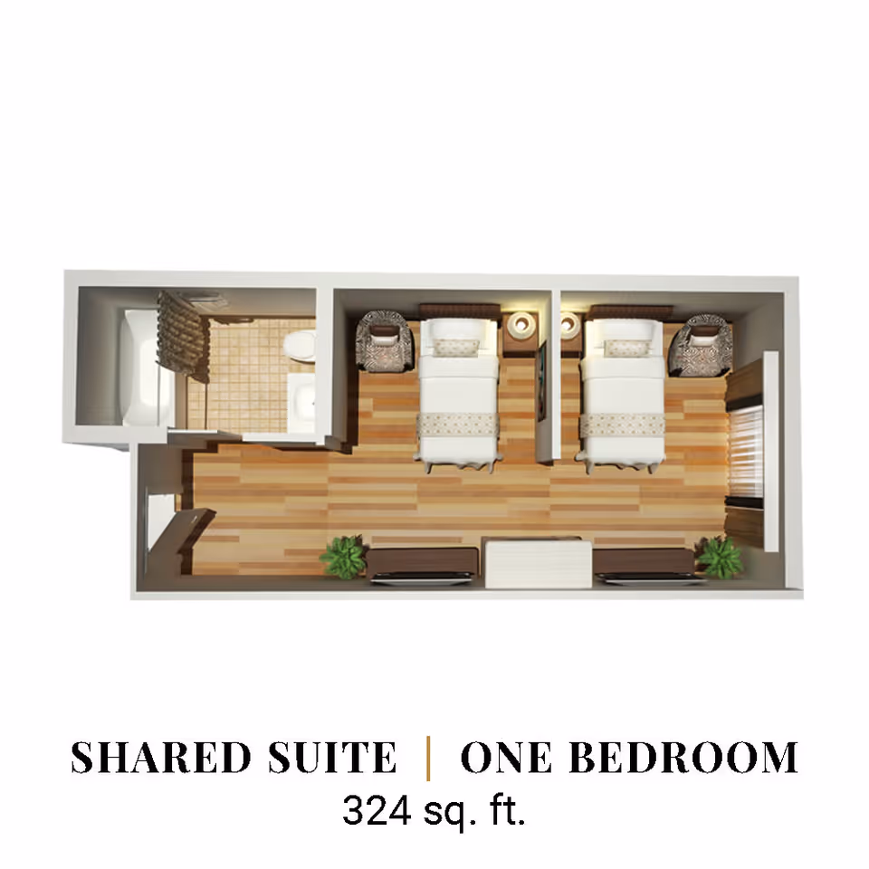 Top-down floor plan rendering of a 324 sq. ft. shared one-bedroom suite showing two twin beds, a bathroom, and a small living area.