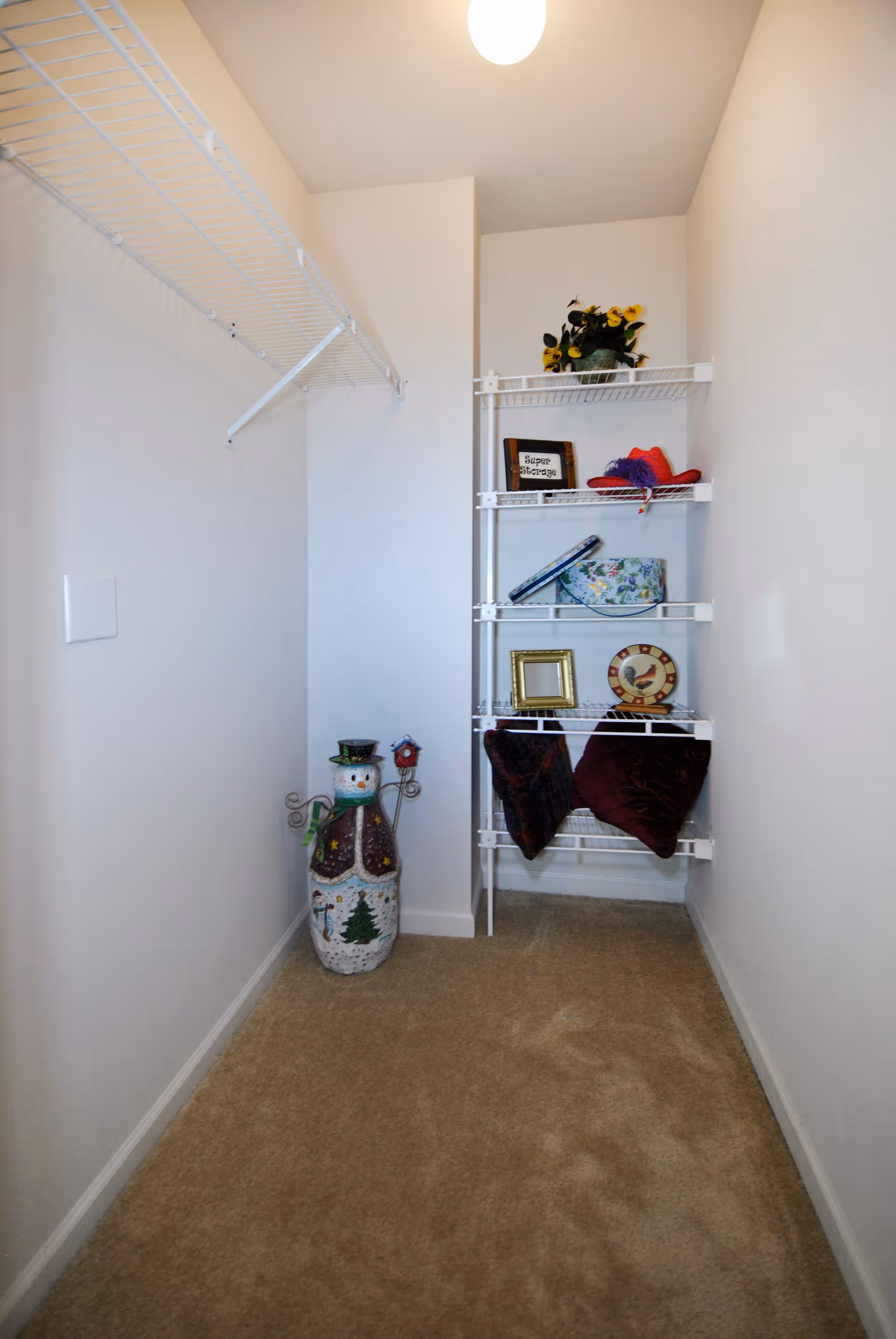 A small, narrow storage closet with beige carpet and white walls. On the left side, there is a white wire shelf mounted on the wall. On the right side, a white metal shelving unit holds various decorative items including a potted plant with yellow flowers, a small framed sign, a floral box, a picture frame, a decorative plate, and two dark-colored cushions. A decorative snowman figure stands on the floor in the corner. The closet is lit by a ceiling light.