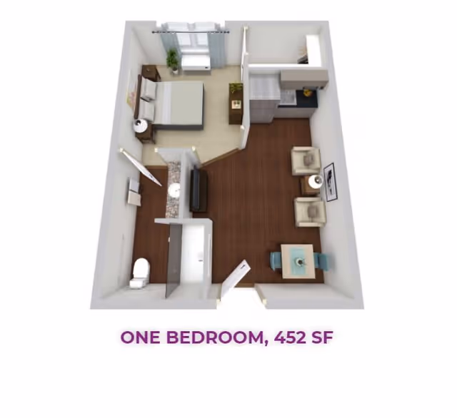 3D floor plan of a one-bedroom apartment with 452 square feet, showing a bedroom with a bed and nightstands, a bathroom with a toilet and shower, a living area with two chairs and a TV, a small dining table with two chairs, and a kitchenette.