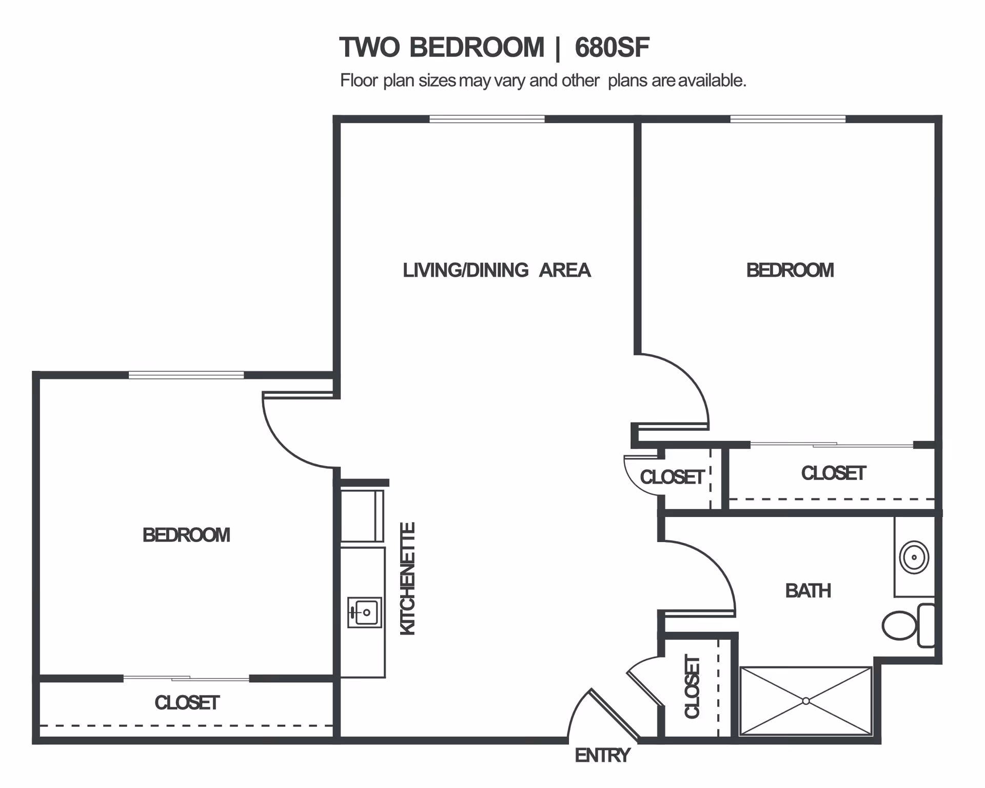 Floor plan of a two-bedroom apartment with 680 square feet. The layout includes two bedrooms, a living/dining area, a kitchenette, a bathroom, and multiple closets. The entry is located near the bathroom and one of the closets.