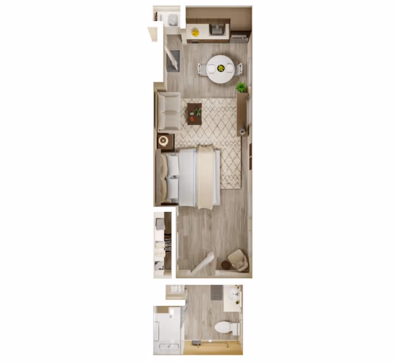 Top-down floor plan of a studio apartment featuring a combined living and sleeping area with a bed, sofa, coffee table, round dining table with chairs, and a kitchenette. The layout also includes a separate bathroom with a shower, toilet, and sink.