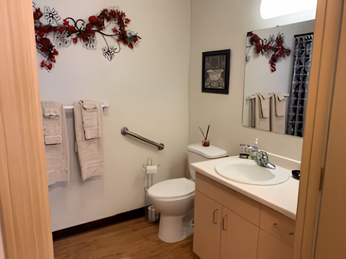 A clean bathroom with a white toilet, a sink with a countertop and cabinet, a large mirror above the sink, beige towels hanging on a towel rack, a grab bar next to the toilet, and decorative red foliage on the wall.